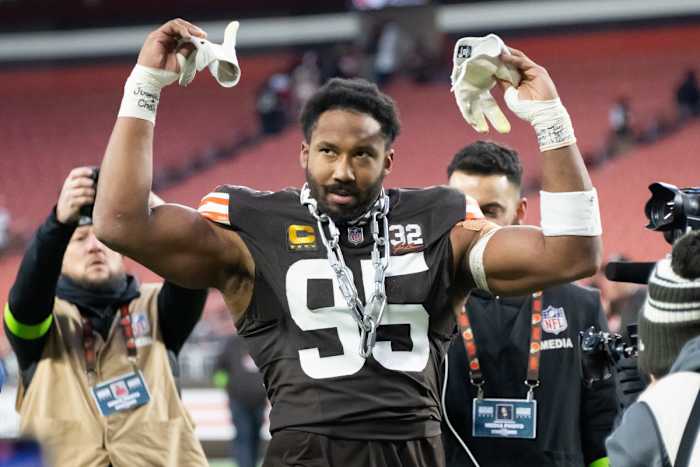 Dec 10, 2023; Cleveland, Ohio, USA; Cleveland Browns defensive end Myles Garrett (95) celebrates after the Browns beat the Jacksonville Jaguars at Cleveland Browns Stadium.